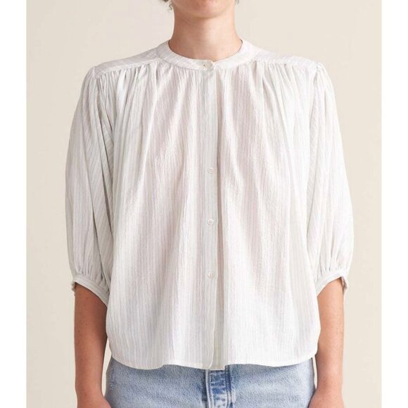Bellerose Ink Top Blouse White Blue Metallic Stripe Half Sleeve Size 1 or Small - Picture 1 of 10